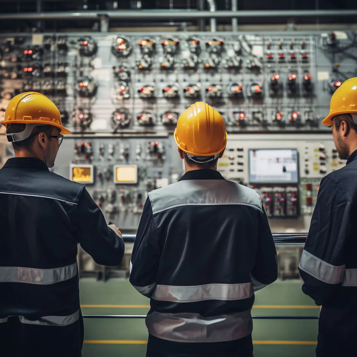 Techniker mit Schutzhelm überwachen eine elektrotechnische Schaltanlage in der Energietechnik – Outsourcing Lösungen von TEAMProjekt Outsourcing