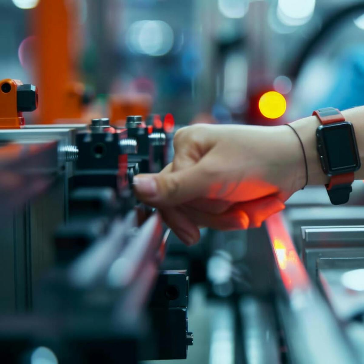 Mitarbeiter bedient präzise Fertigungsmaschine – Kombination aus manueller Arbeit und moderner Produktionstechnologie