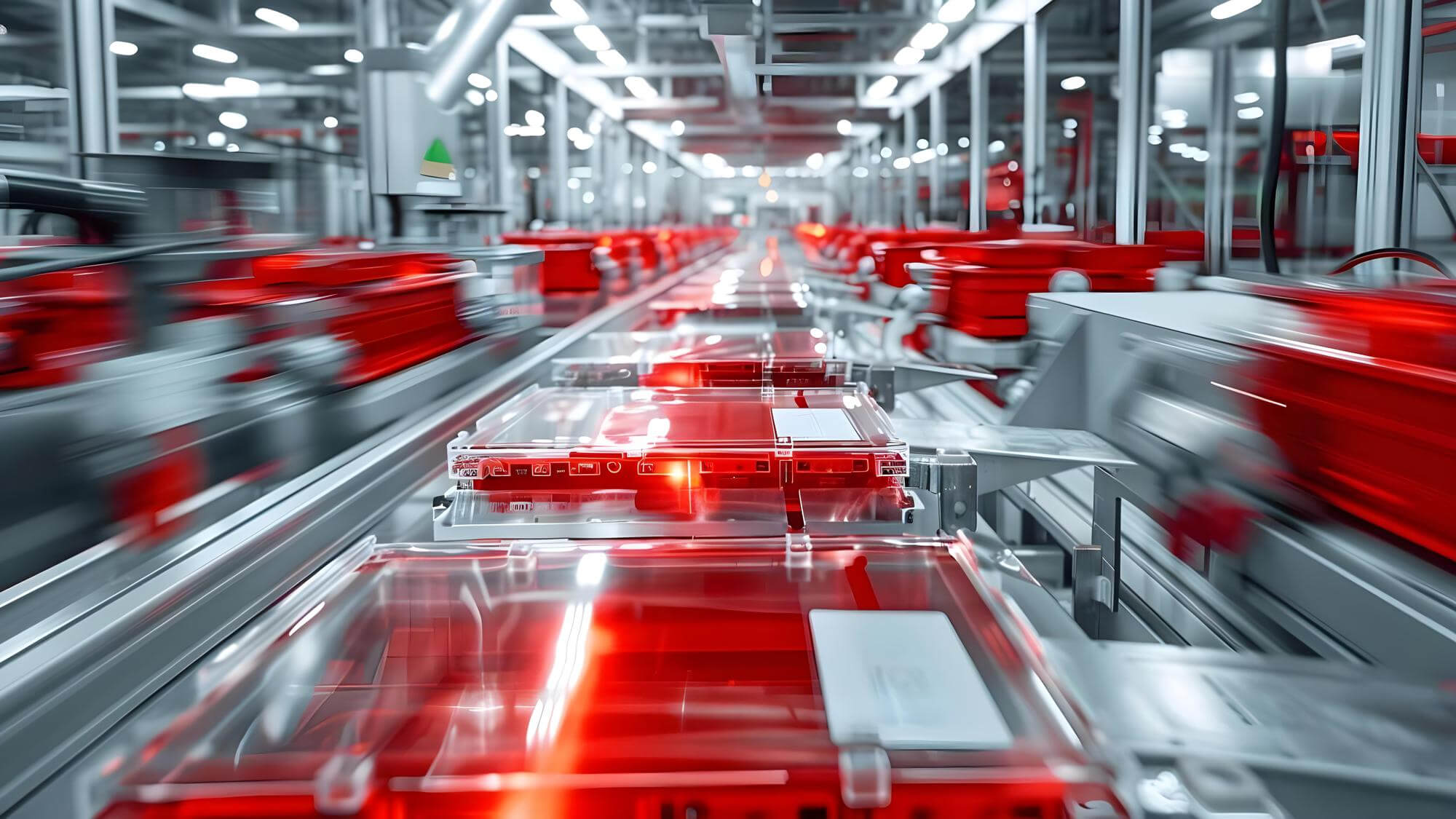 Automatisierte Produktionslinie mit roten Transportboxen in einer modernen Industriehalle – Symbol für effiziente Betreibermodelle.