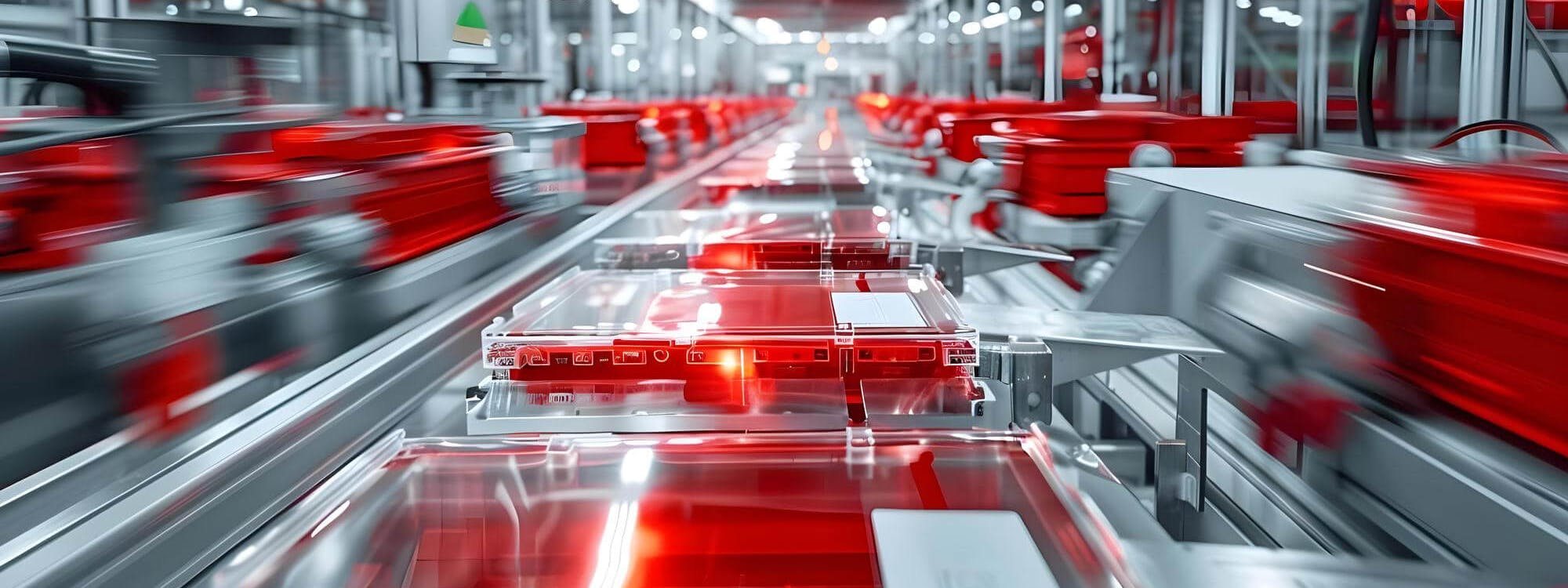 Automatisierte Produktionslinie mit roten Transportboxen in einer modernen Industriehalle – Symbol für effiziente Betreibermodelle.