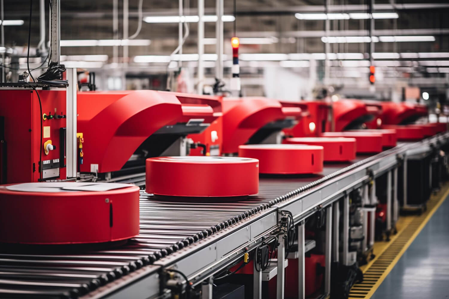 Automatisierte Fördertechnik in einer modernen Produktionshalle – rote Transportmodule bewegen Waren effizient über ein Förderbandsystem. Symbolbild für Intralogistik und Werkslogistik.