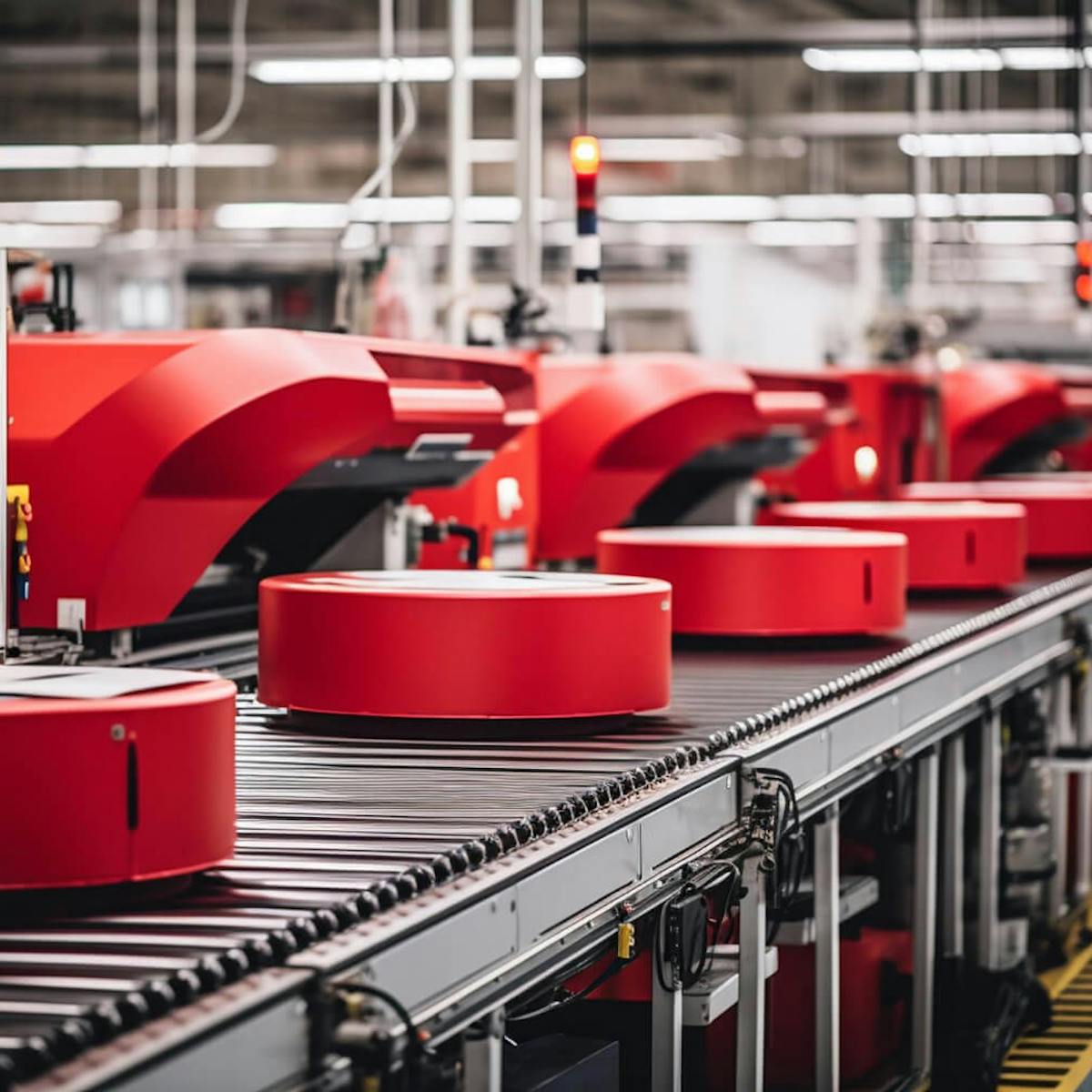 Automatisierte Fördertechnik in einer modernen Produktionshalle – rote Transportmodule bewegen Waren effizient über ein Förderbandsystem. Symbolbild für Intralogistik und Werkslogistik.