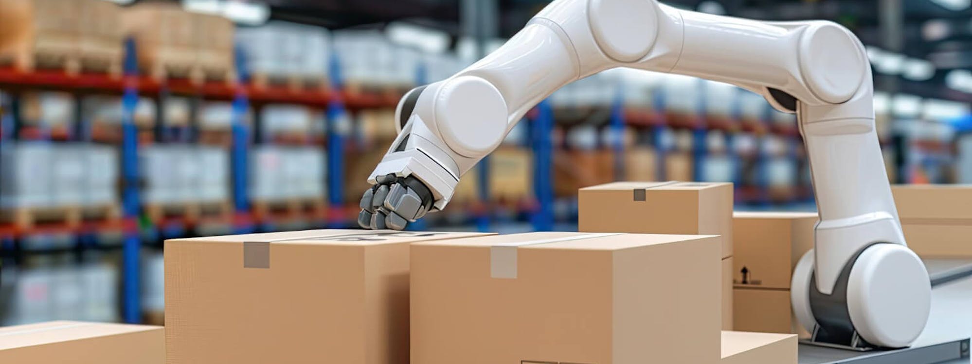 Automatisiertes Lager mit Roboterarm und fahrerlosen Transportsystemen zur dynamischen Kommissionierung