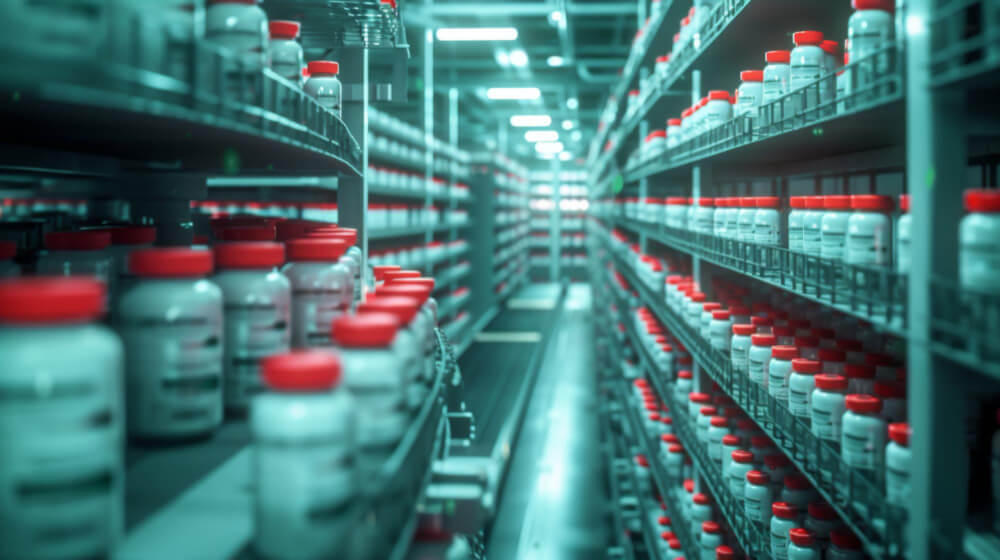 Automatisiertes Pharmalogistik-Lager mit Regalen voller Medikamentenbehälter und Förderband für effiziente Werkslogistik in der Wirkstoffherstellung.”