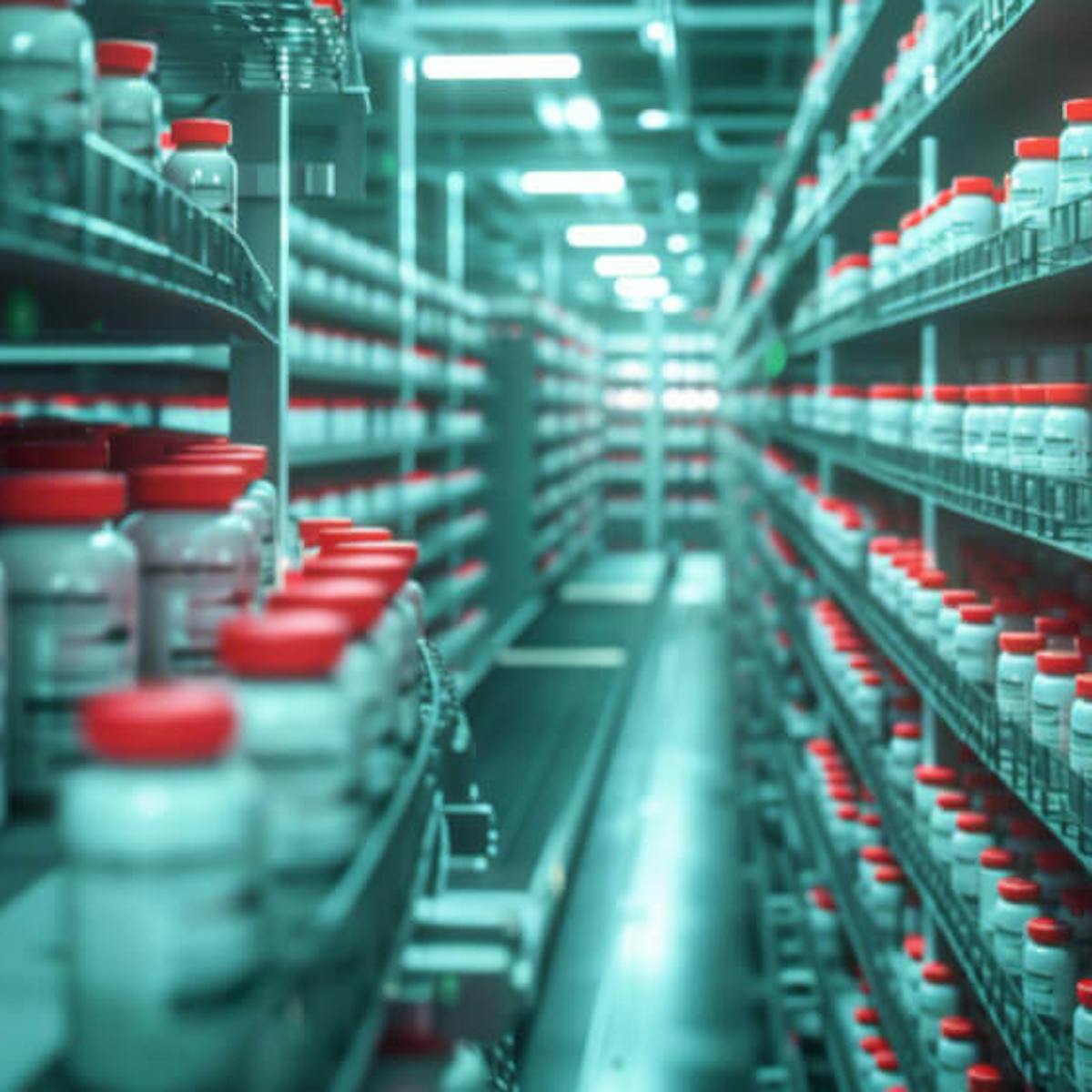 Automatisiertes Pharmalogistik-Lager mit Regalen voller Medikamentenbehälter und Förderband für effiziente Werkslogistik in der Wirkstoffherstellung.”