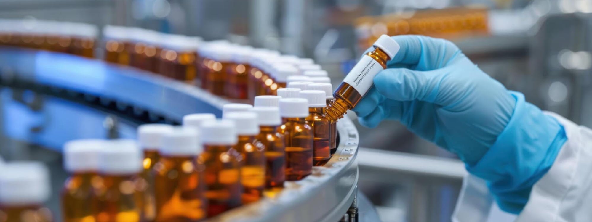 Pharma-Produktion mit automatisierter Abfüllanlage – Mitarbeiter mit Handschuh kontrolliert Glasfläschchen. Effiziente Lohnabfüllung und Verpackung in der Pharmaindustrie