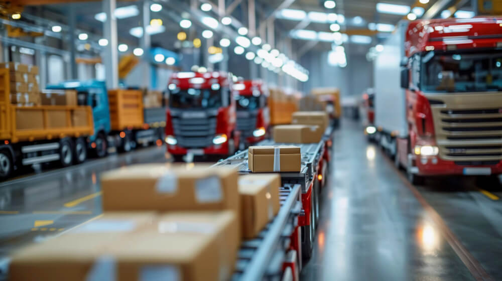 Logistikzentrum mit Förderband und Lkw im Hintergrund: Pakete werden in einer modernen Halle verarbeitet und für den Weitertransport bereitgestellt