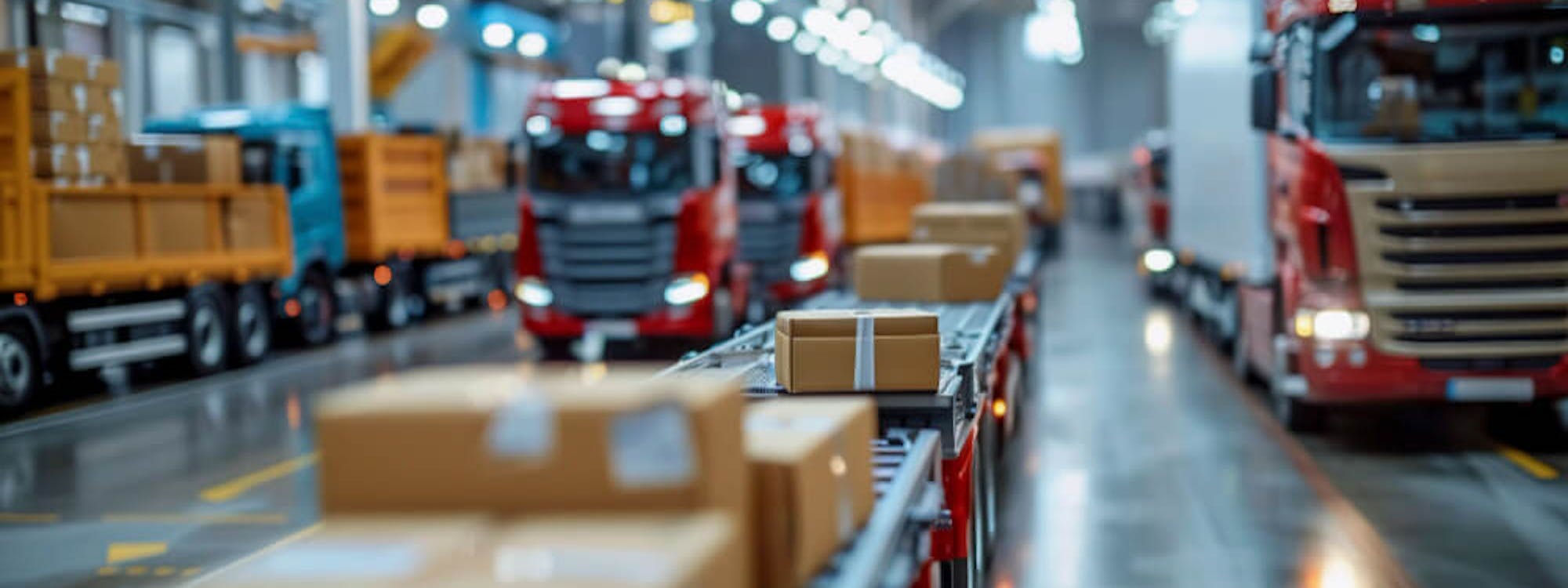 Logistikzentrum mit Förderband und Lkw im Hintergrund: Pakete werden in einer modernen Halle verarbeitet und für den Weitertransport bereitgestellt