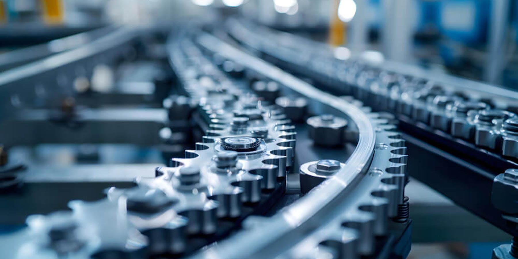 Nahaufnahme eines modernen Fertigungsbands mit Zahnrädern als Symbol für schlanke Produktionsprozesse in der Lean Production Nahaufnahme eines modernen Fertigungsbands mit Zahnrädern als Symbol für schlanke Produktionsprozesse in der Lean Production