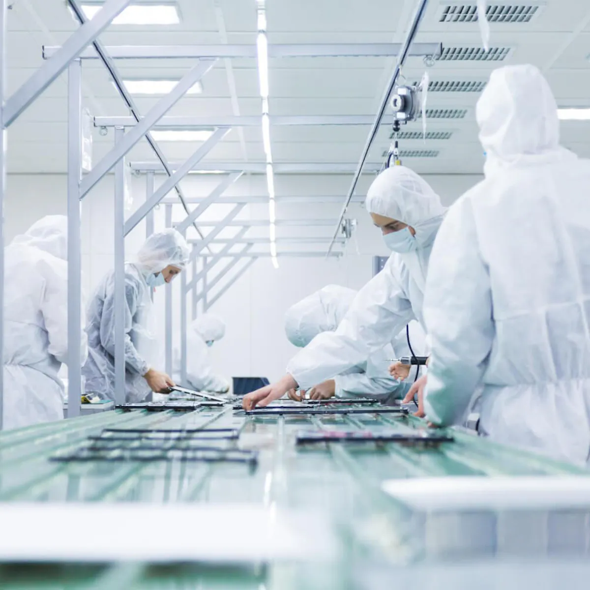 Mitarbeitende in Reinraumkleidung bei der Reinraumproduktion und Montage elektronischer Bauteile