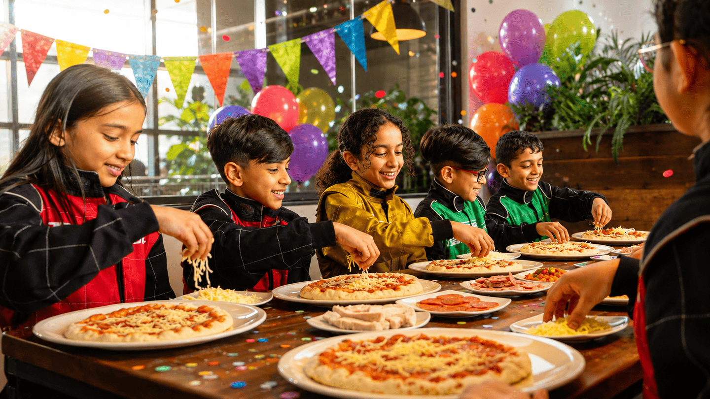 Kids enjoying a pizza making birthday party