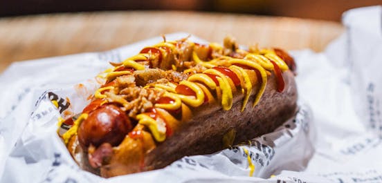 hot-dog with ketchup, mustard, and onion