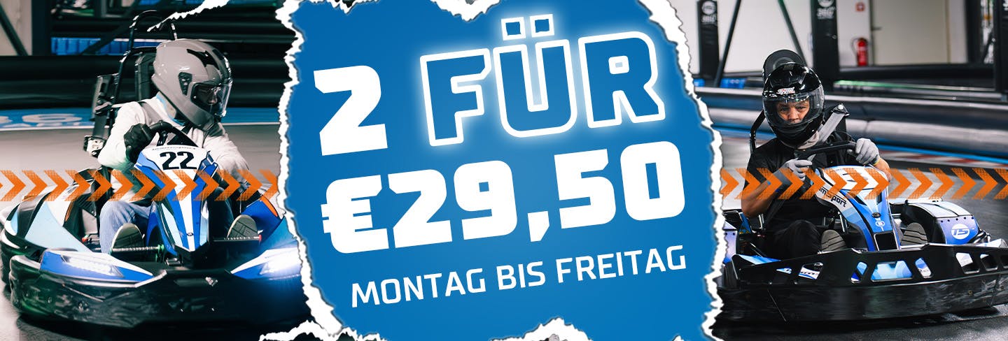 Bild mit 2 Kartfahrern auf der Rennstrecke. Dazwischen ein Text mit dem Angebot 2 Für 29,50€