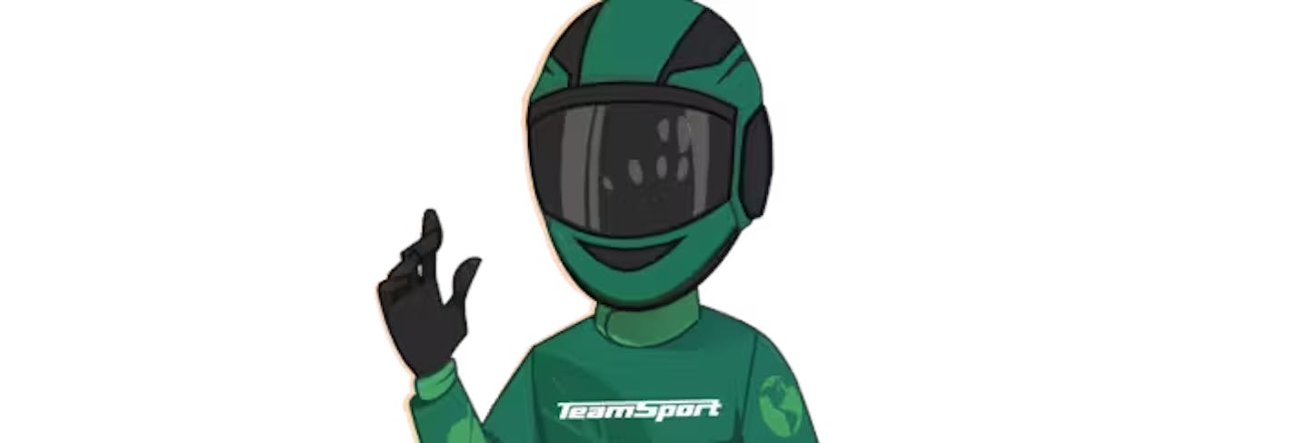 Ein grafisches Bild eines Rennfahrers in einem grünen Anzug und mit grünem Helm und dem TeamSport Logo