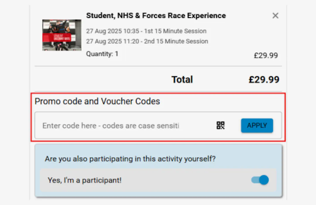 Promo code box on the TeamSport checkout