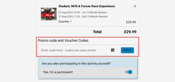Promo code box on the TeamSport checkout