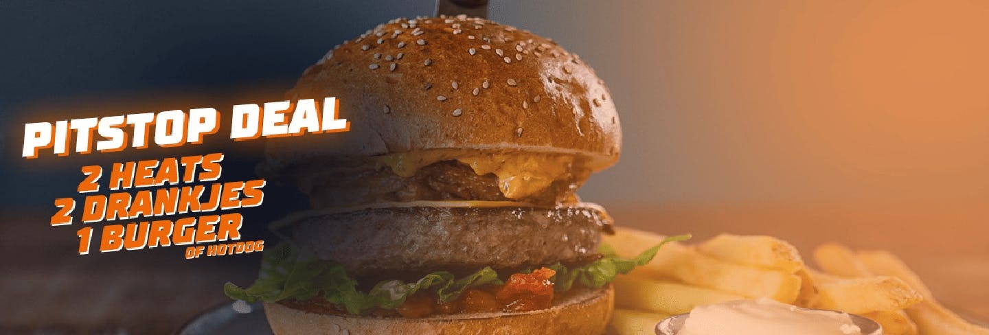 Pitstop deal 2 heats karten, 2 softdrinks en 1 burger of hotdog