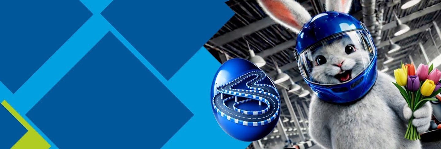 Ein Osterhase mit Helm und Tulpen in der Hand 