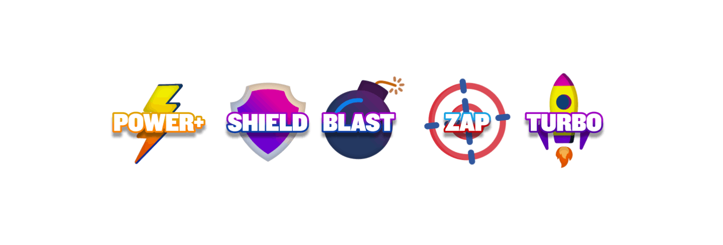 Icons, welche man beim Combat Karts nutzen kann: Power+, Shield, Blast, ZAP, Turbo