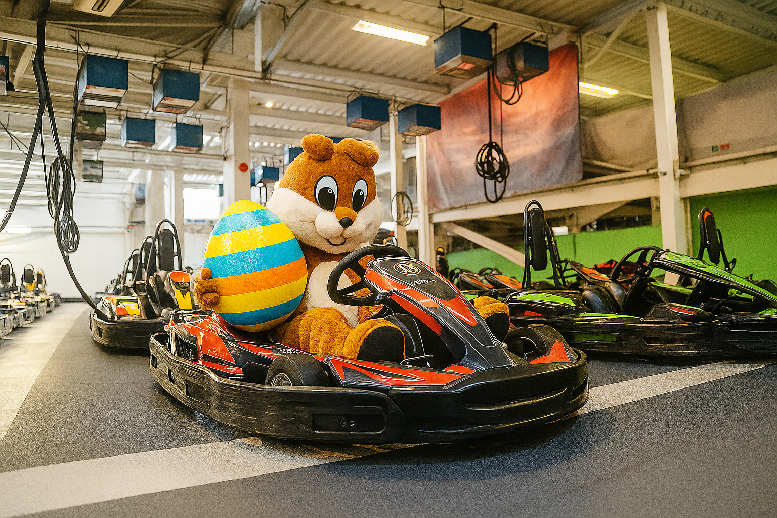 Osterhase sitzt im Kart und hält ein Osterei im Arm 