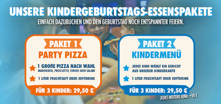 Kindergeburtstags-Essenspakete im Kart Palast: Party Pizza oder Kindermenü für jeweils drei Kinder für 29,50 Euro. Jedes weitere Kind 10 Euro.