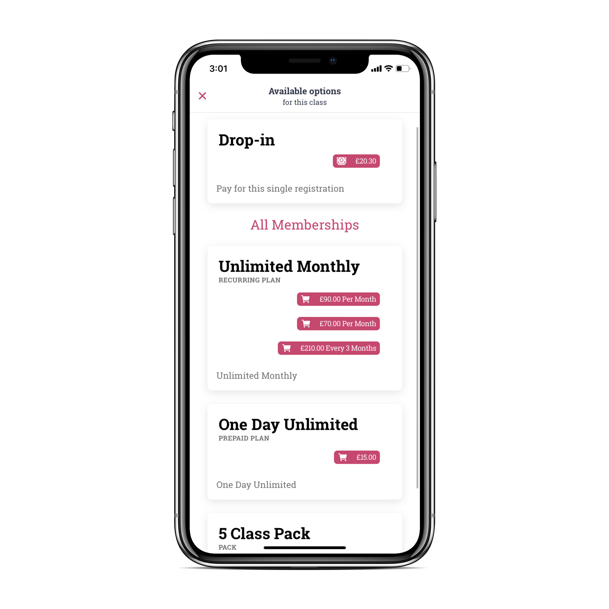 image of the member app membership option page
