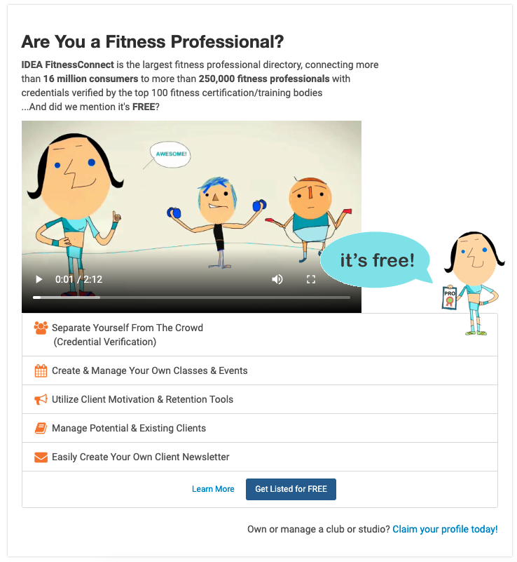 IDEA FitnessConnect homepage 