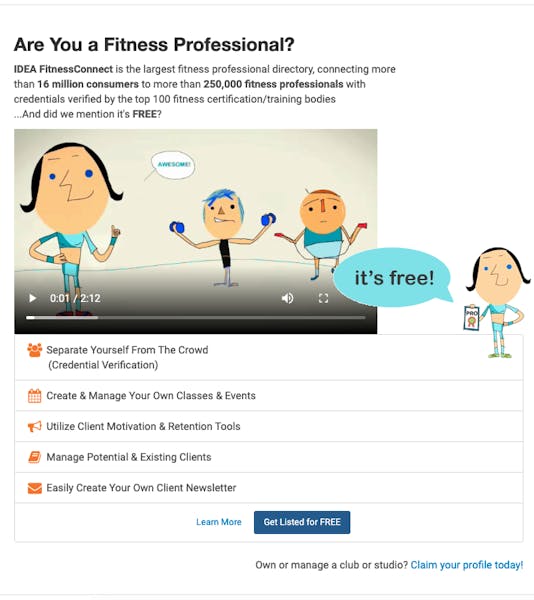 IDEA FitnessConnect homepage