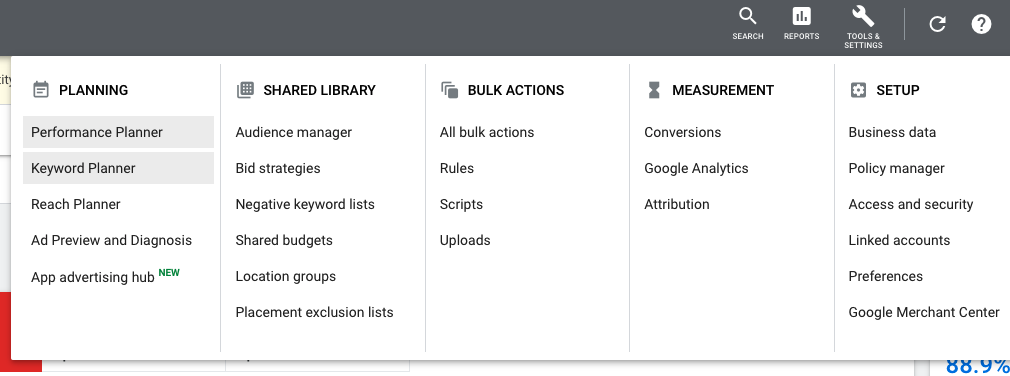 Finding Keyword Planner on Google Ads