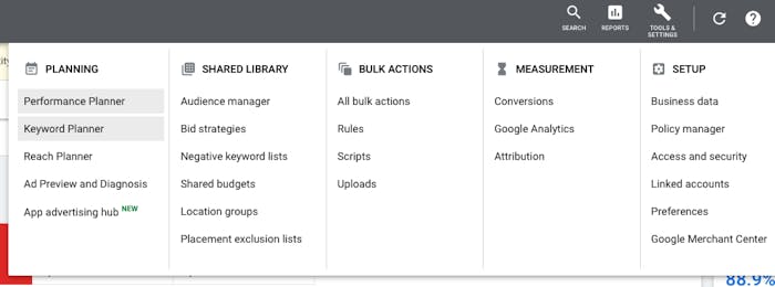 Finding Keyword Planner on Google Ads