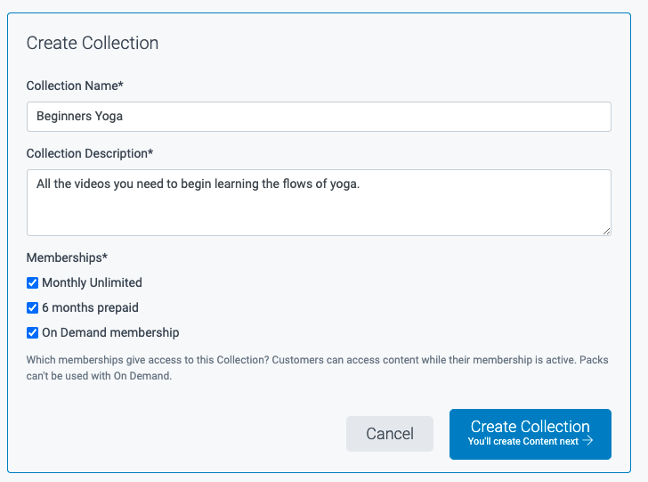 image of the create a collection form with an example
