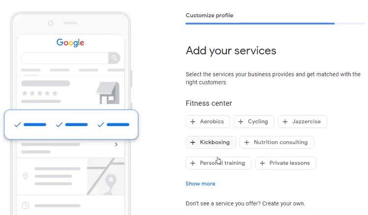 Select the services you offer for your potential clients to see