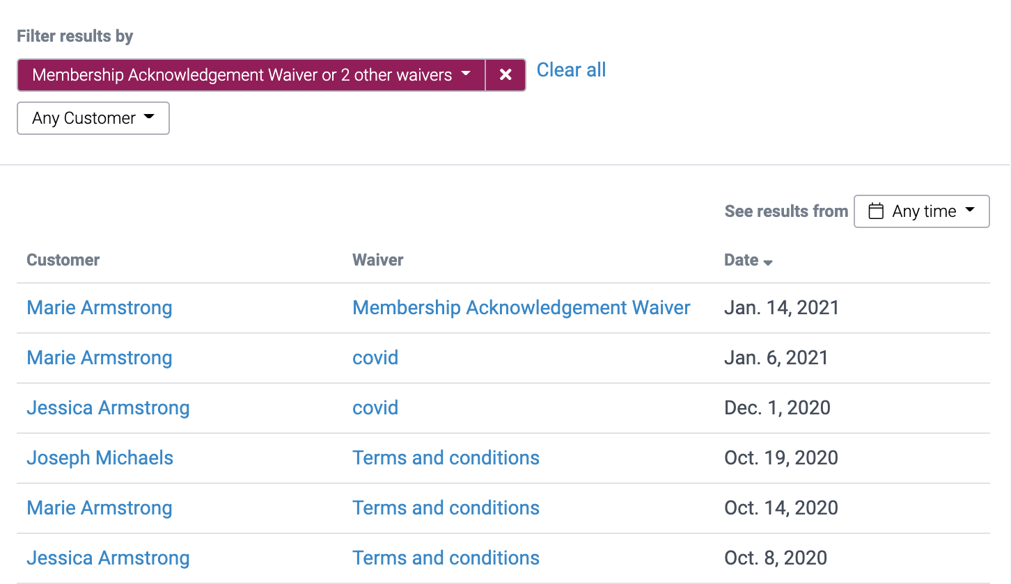 image of the full waivers report with multiple filters 