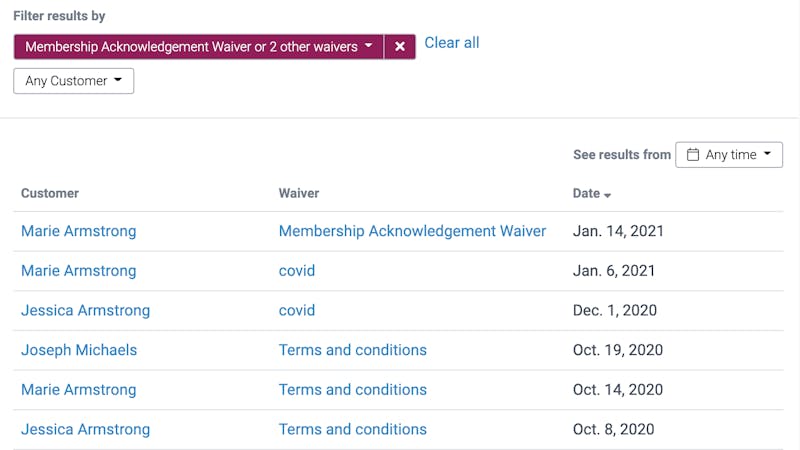 image of the full waivers report with multiple filters