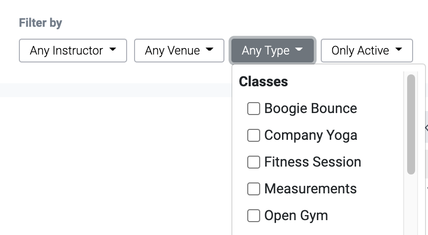 screenshot of the type filter in the calendar