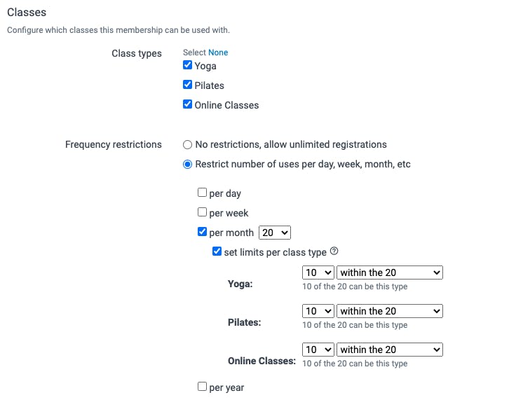 image of class filters and options