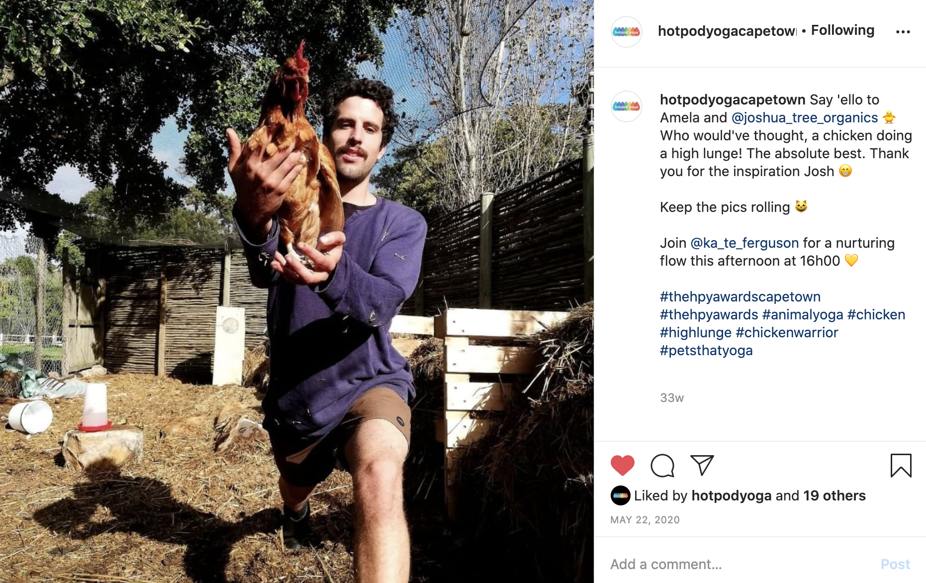 instagram photo of a hotpod yoga student doing a class with a chicken