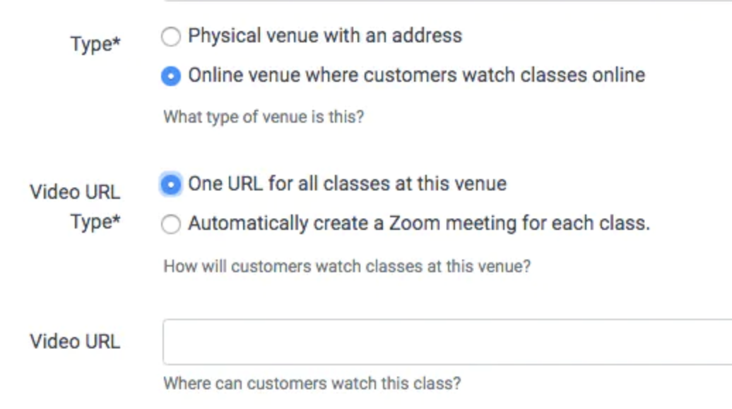 image of the online venue options with the teamup zoom integration