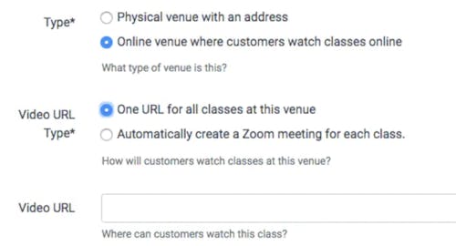 image of the online venue options with the teamup zoom integration