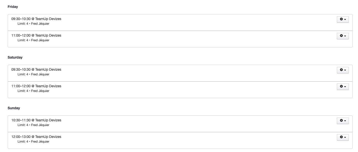 The class schedule in the TeamUp dashboard 