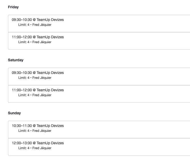 The class schedule in the TeamUp dashboard