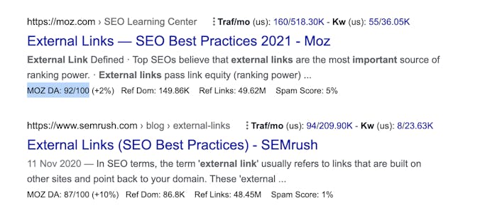 An external link on Google with a high DA identified by Moz