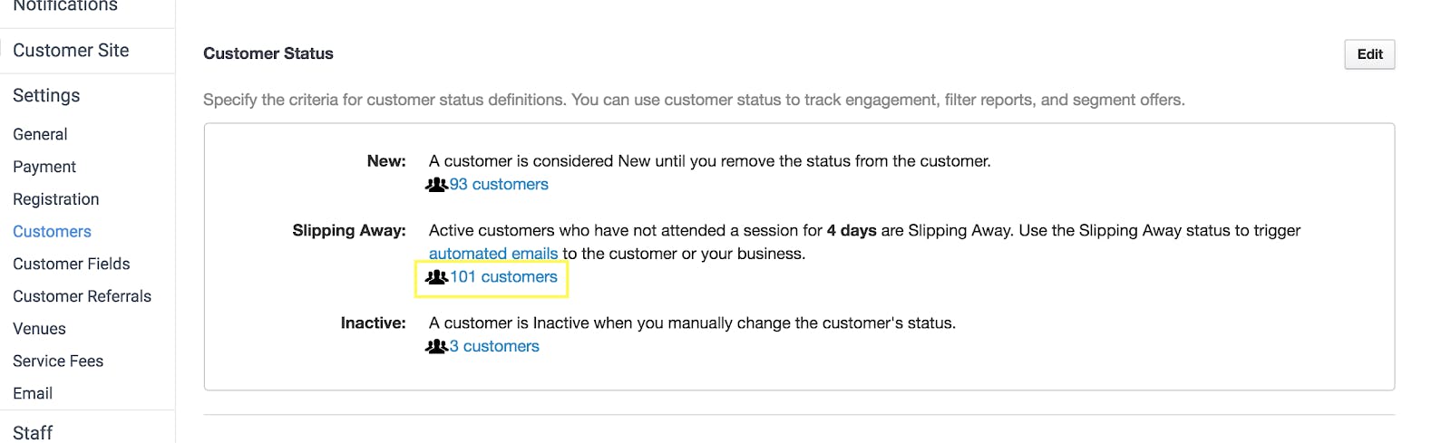 Image shows screenshot of statistics: New, Slipping Away, and Inactive members. Highlight is Slipping Away: 101 customers