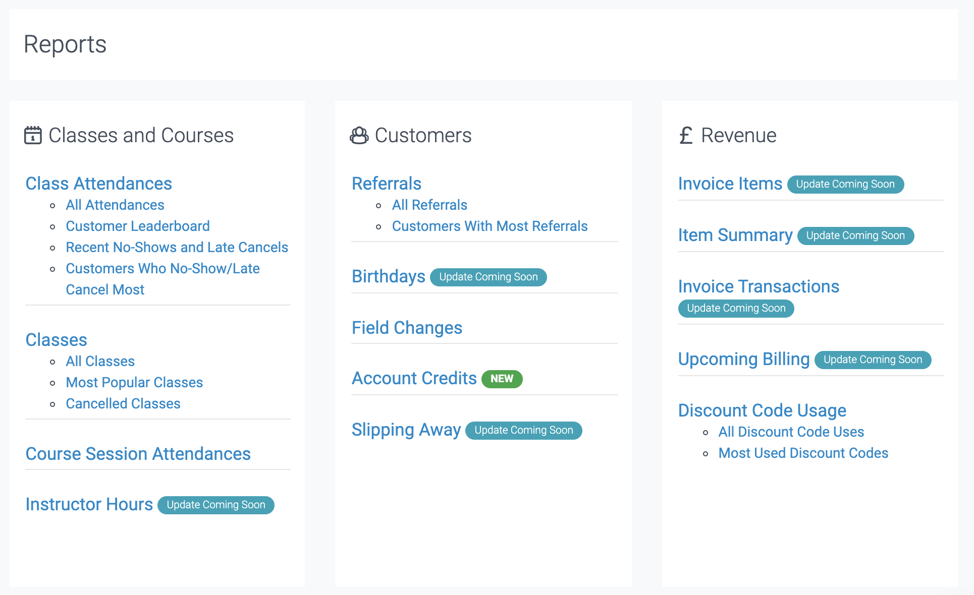 image of the types of reports you can run in TeamUp