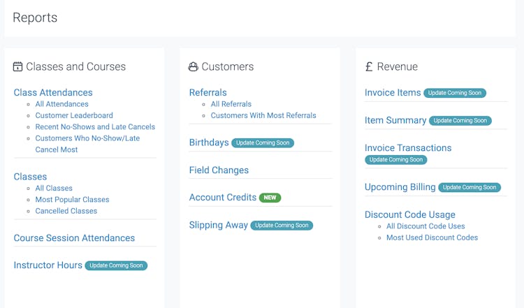 image of the types of reports you can run in TeamUp
