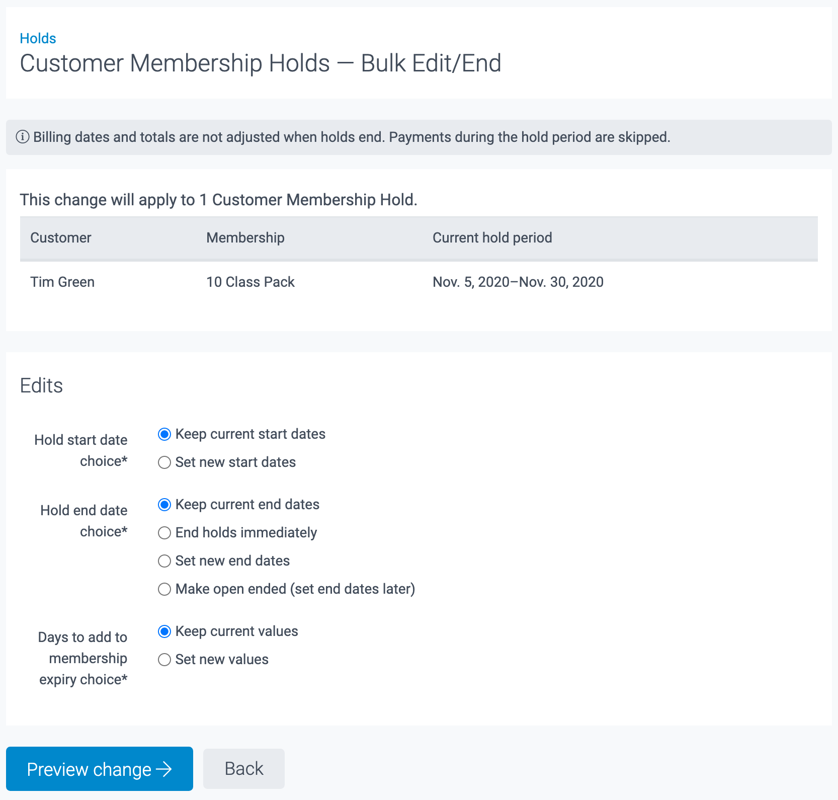 image of membership hold details 