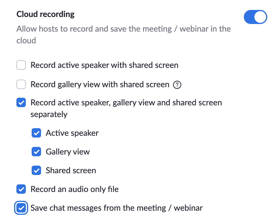 image of the cloud recording settings in Zoom