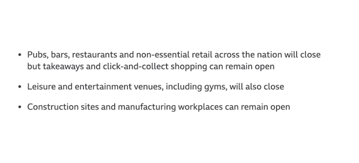 Announcement from the UK government about closures in October 2020