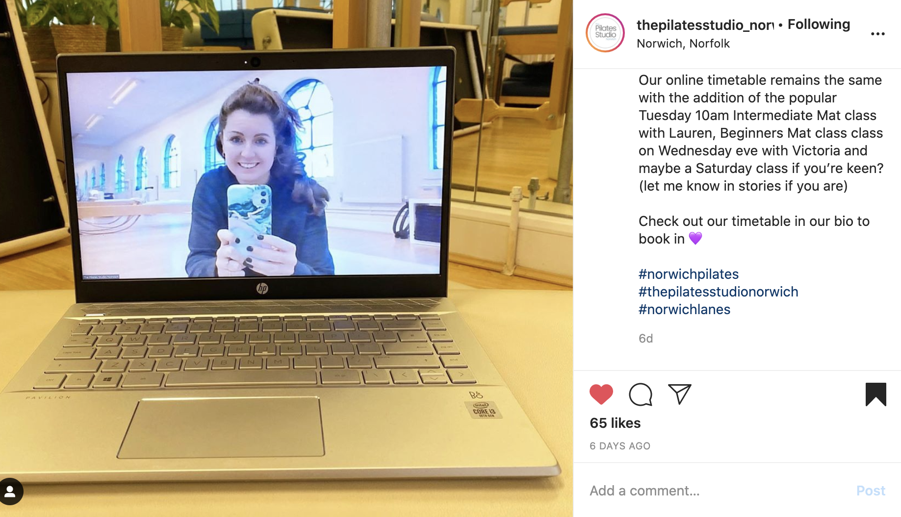 screenshot of pilates norwich giving an online class