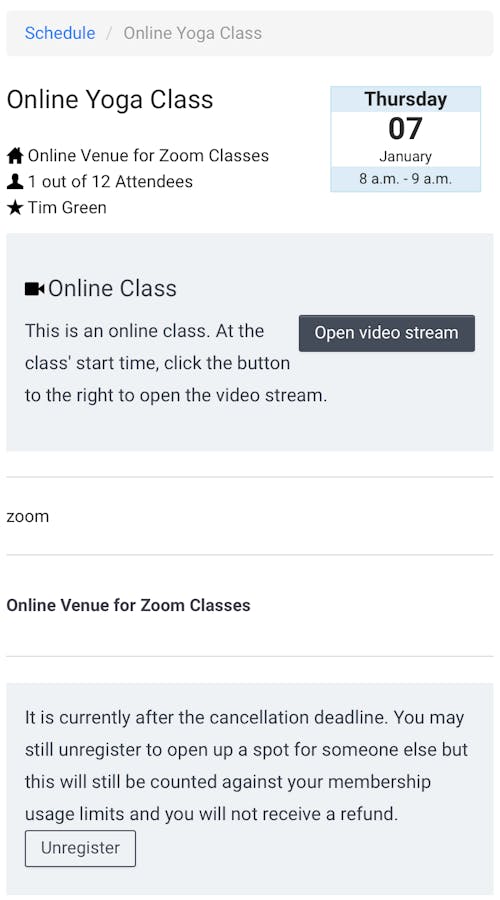 image of the teamup dashboard online class confirmation